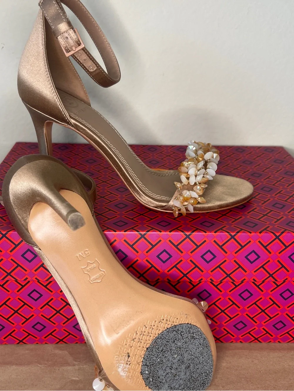 Tory Burch Champagne Gold Jeweled Ankle-Strap Heels